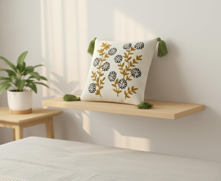 Furnistitchs Handmade Tufted Boho Cushion Covers 12x12 Inches | Embroidered Sofa Pillow Cases | Rustic Bohemian Decorative Throw Cushions for Couch Bedroom Living Room (5, Navy Aster)