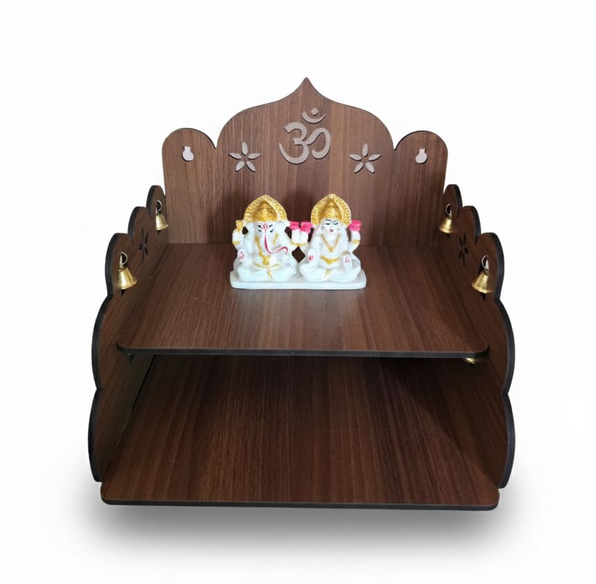 Bindian Wall Hanging Wooden Pooja Mandir for Home & Office | Two Shelf Temple with Auspicious 'Om' Engraving and Decorative Brass Bells | Medium Size Dark Brown Finish Mandap for Diwali and Gifting