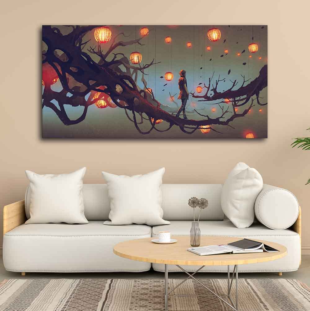 VIBECRAFTS Canvas Paintings for Living Room Beautiful Wall Painting of Man Walking on Tree Fitted with Wooden Frame for Home | Office | Gift (PTVCH_2266) (48 x 24 Inches)