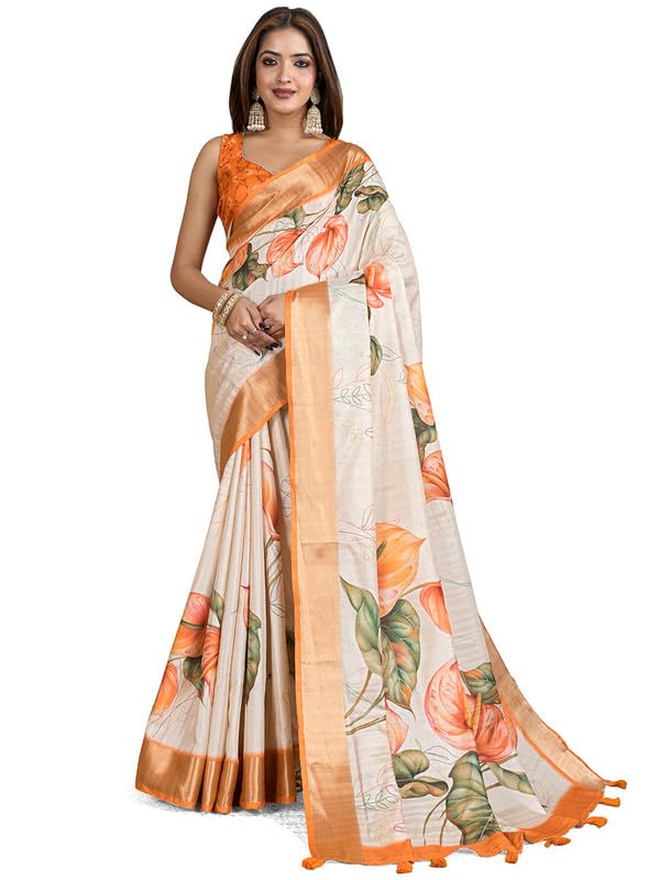 Gulkee Women's Tissue Silk Saree Banarasi South Indian Printed Soft Fabric Sarees For Occasions Like Wedding and Party With Blouse Piece(9626, Off White)