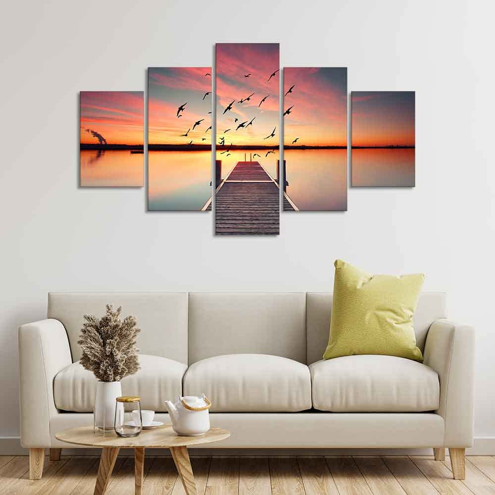 VIBECRAFTS Premium Beautiful Sunset Horizon Canvas wall Painting of Five Pieces For Home|Office|Living Room|Gift (PTVC5Pcs1_5543)