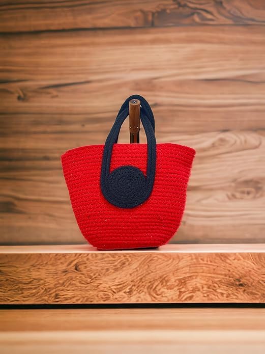 BEAUTIFUL HOMMIES Attractive Hand Bag | Large Tote | Summer Bucket | Bamboo Beach Basket for Women | Boho Handbag | Handmade Jute (RED-BLACK)