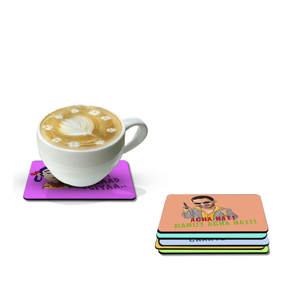 Artvibes Printed MDF Wooden Coasters for Home and Kitchen | Dining Table Decor | Square Coasters | Kitchen Decorative Items | Table Decoration | Home Decor (Set of 6 | 4x4 Inch)(Dialogues) TC_2009