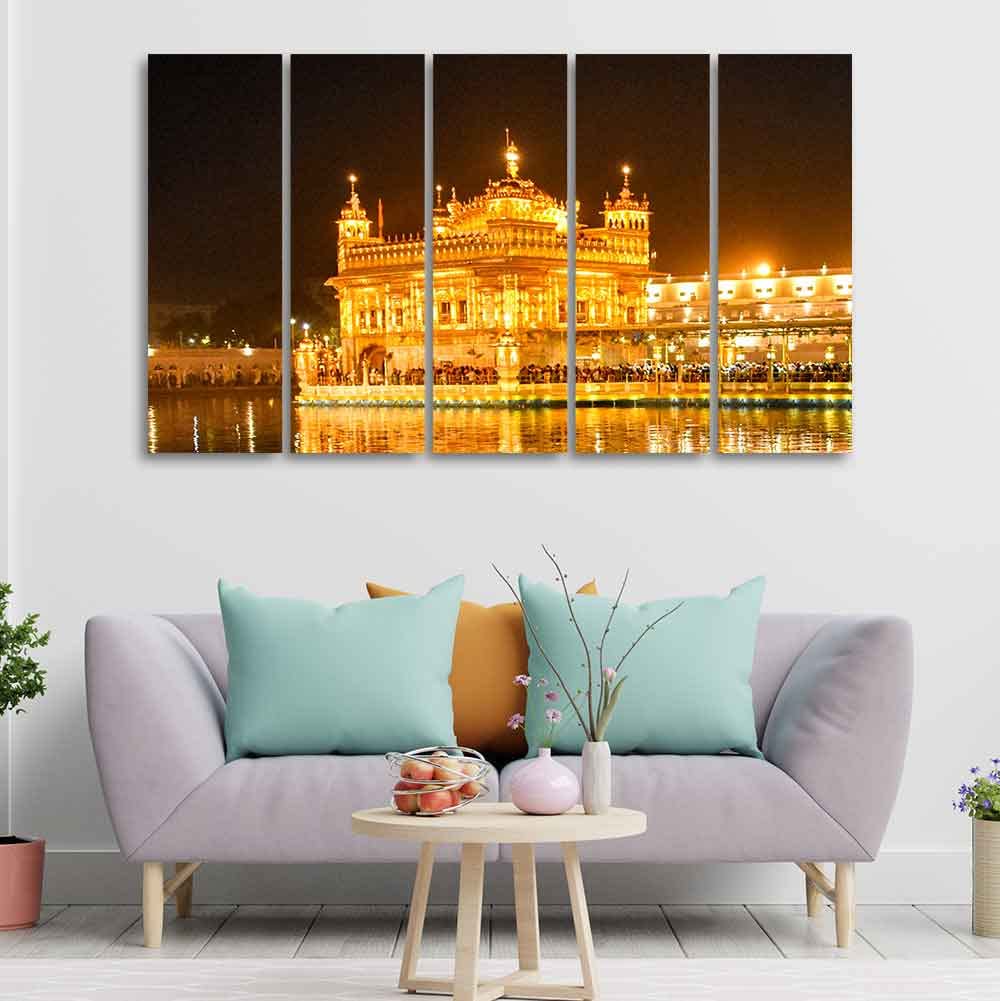 VIBECRAFTS Beautiful Golden Temple Canvas Wall Painting of Five Pieces For Home|Office|Living Room|Gift (PTVC5Pcs4_8659)
