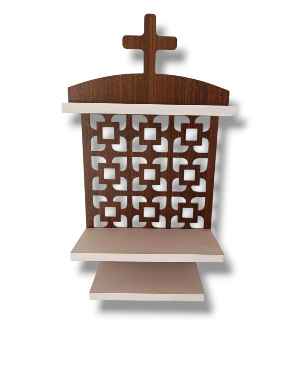 Antique Wooden Christian Jali Temple, Wall Mount Wooden Cross Temple, Home and Office Wall Mount Temple, God Wooden Prayer Temple, Jesus Cross Temple, Brown and White Wall Mount Home Decor Temple
