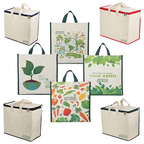 DOUBLE R BAGS Big Eco Cotton Canvas Shopping Bags for Carry Milk Grocery Fruits Vegetable Bag with Shopping Covers Zip Bags (Pack of 8)
