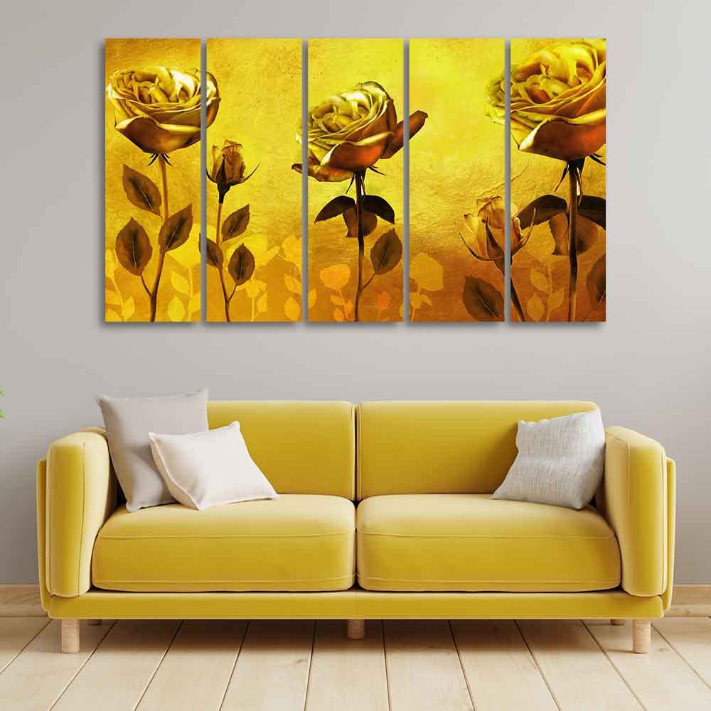 VIBECRAFTS Golden Roses Five Pieces Canvas Wall Painting For Home|Office|Living Room|Gift (PTVC5Pcs4_8663N)