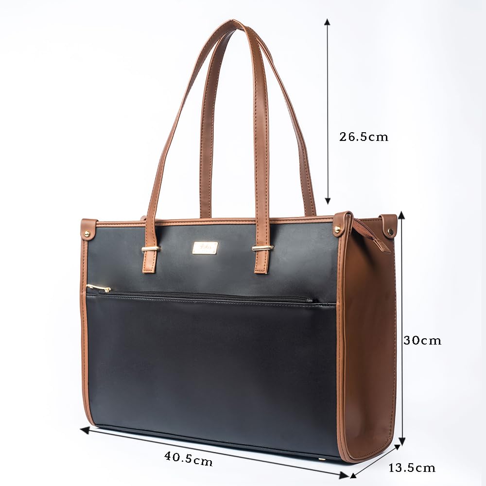Strokes by Namrata Mehta Box Tote Bag for Women | Fits 16 Laptop | Large Tote Bag For Office Use and Work | Vegan Leather (Charcoal Caramel)
