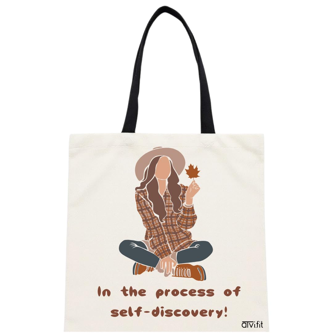ATVI.FIT Trendy Cotton Close Zip Tote Bags for Women Designs - 15.5x15 - Perfect for College, Office, Yoga, and Everyday Use (In the Process of Self-Discovery)