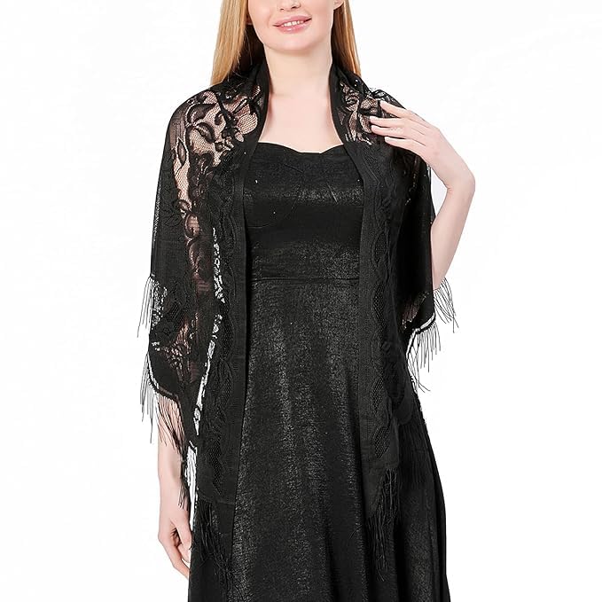 Alexvyan Floral Design Triangle Lace Stole and Wraps for Evening Dresses with Tassels for Evening Party Mesh Wedding Shawls for Summer (Black)