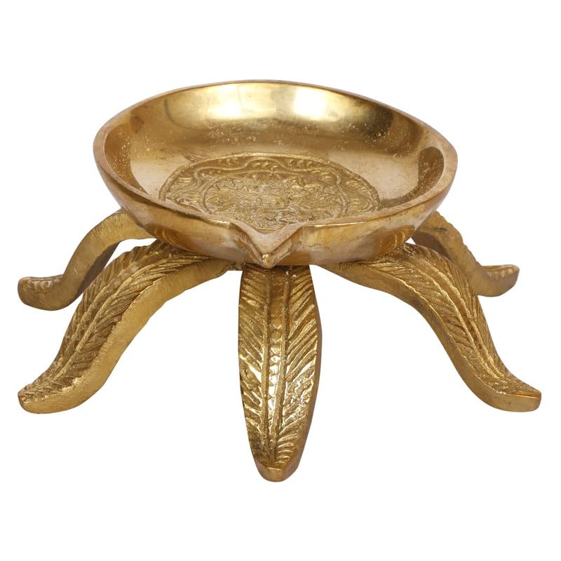 Svarup Brass Diya with Leaves Stand for Temple Aarti, Camphor Burn, Puja Jyot 5.5 Inch Gold Pack of 1