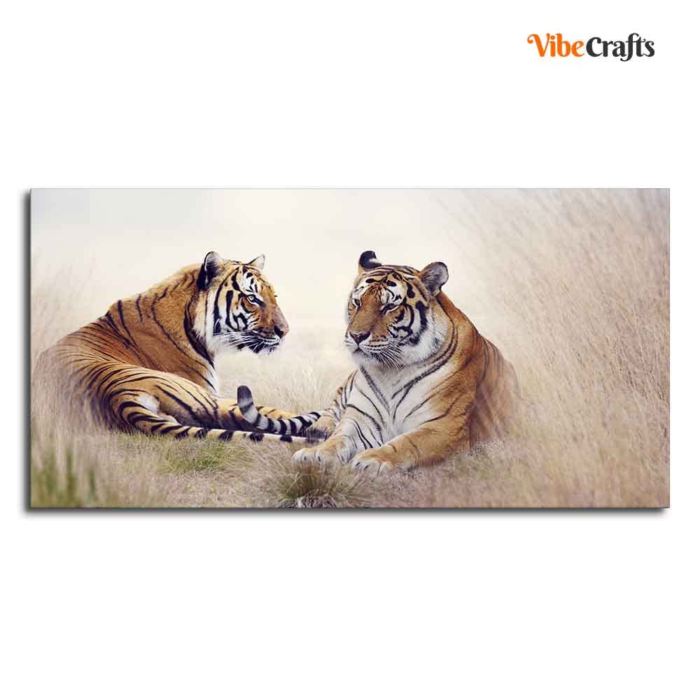 VIBECRAFTS Canvas Paintings for Living Room Drawing Room Two Tigers In Forest Premium Wall Painting Fitted With Wooden Frame for Home | Office | Gift (PTVCH_2339)