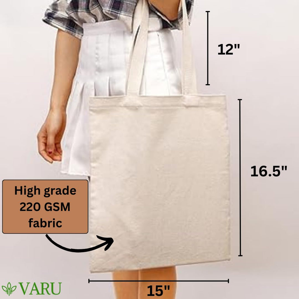VARU 100% Cotton Tote Bags, Reusable Tote Bags For Women, Canvas Tote Bag for Women, Plain Tote Bag for painting, Reusable Multi-Purpose Cotton Bags for School/Gym/Shopping (set of 2)