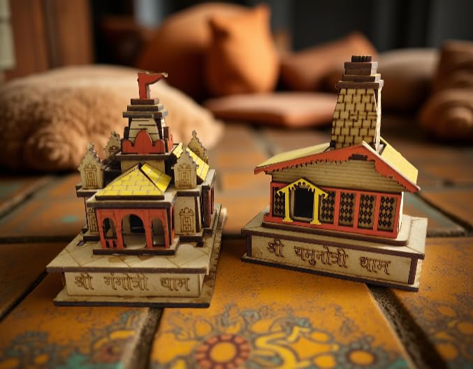 Rudram 3D Wooden Temple Model, Yamunotri & Gangotri Char Dham, Decorative MDF Showpiece for Pooja Room, Car Dashboard