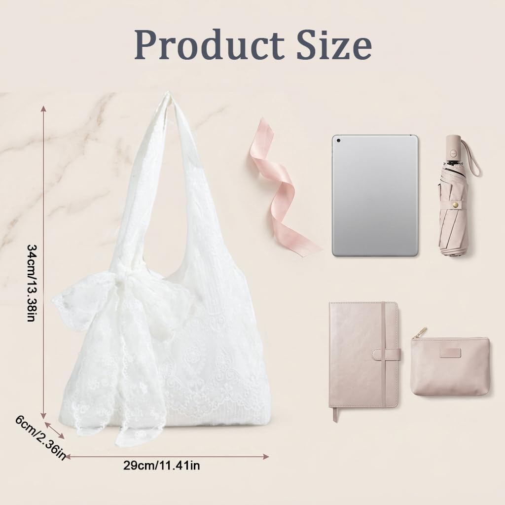PALAY Lace Bow Shoulder Tote Bag, Floral Embroidered Slouchy Hobo for Women