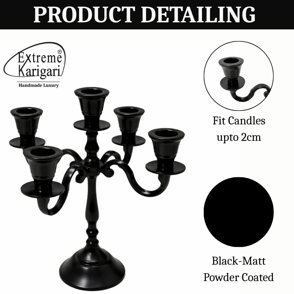 Extreme Karigari Aluminum 5-Arm 8inch Black Matt Candelabra for Dining Table | Vintage Candle Stand for Romantic Dinner, Home & Wedding Decor
