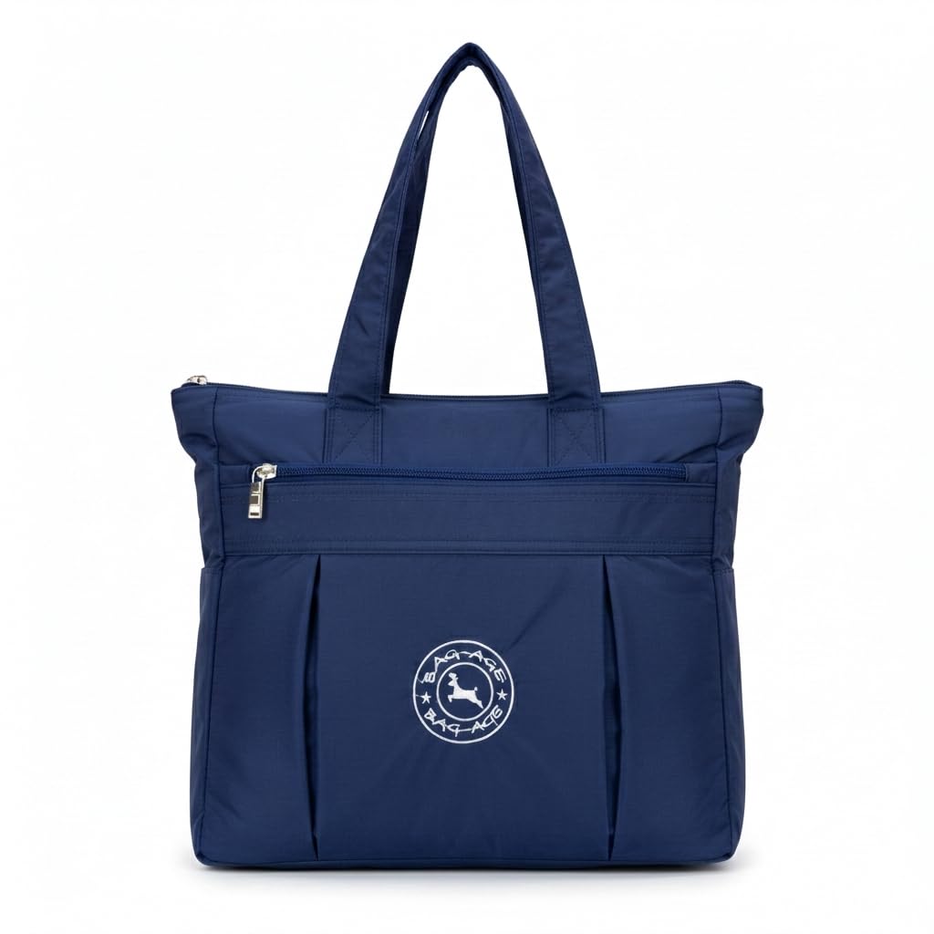 Bag-Age HB53 Large Tote Bag for Girls & Women | Water-Resistant Nylon Handbag with Multiple Compartments, Laptop Work Bag for Office, Travel, Shopping & Daily Use (Navy Blue)