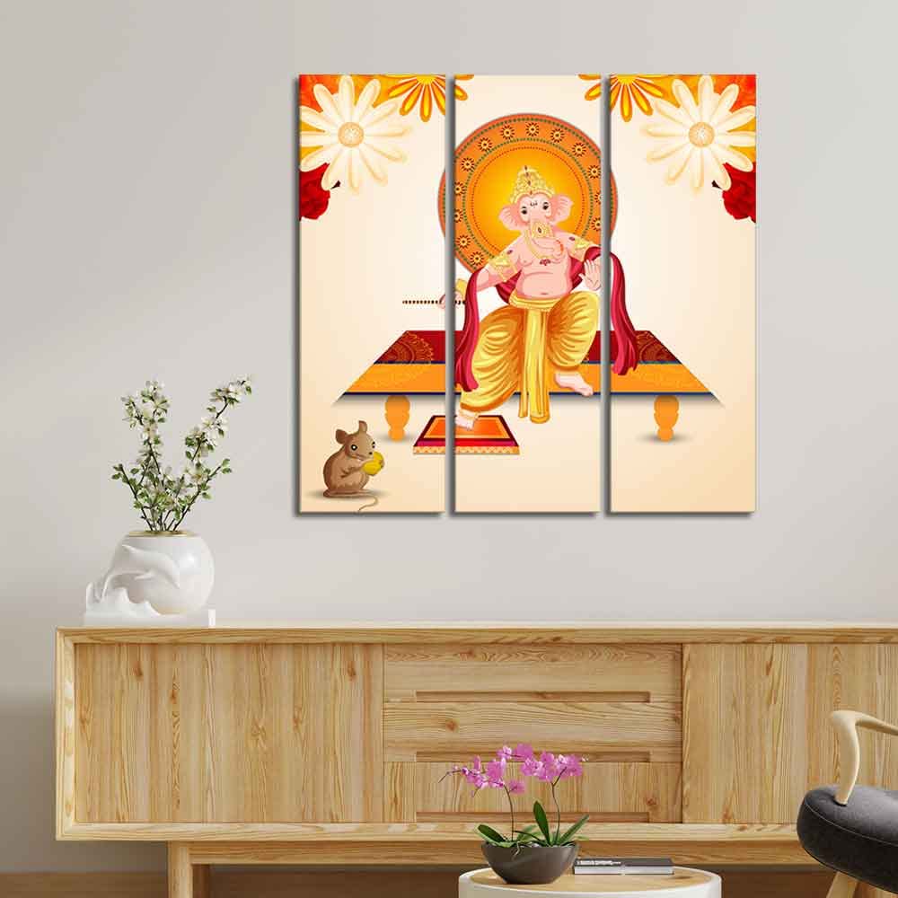 VIBECRAFTS Beautiful Ganesh Ji 3 Pieces Canvas Wall Painting Fitted With Wooden Frame For Home | Office | Living Room | Gifts (PTVC3Pcs1_9582)