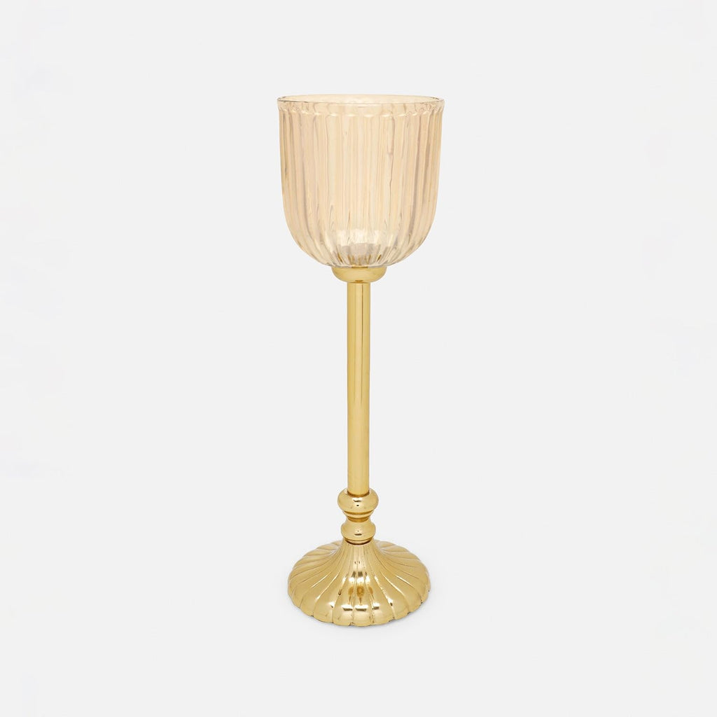 Pure Home + Living | Hurricane | Ribbed Glass | Brown | Small - 8.5 x 8.5 x 26 cm | Glass Hurricane with Metal Stand | Decorative, Home Décor, Candle Holder, Gift | Single