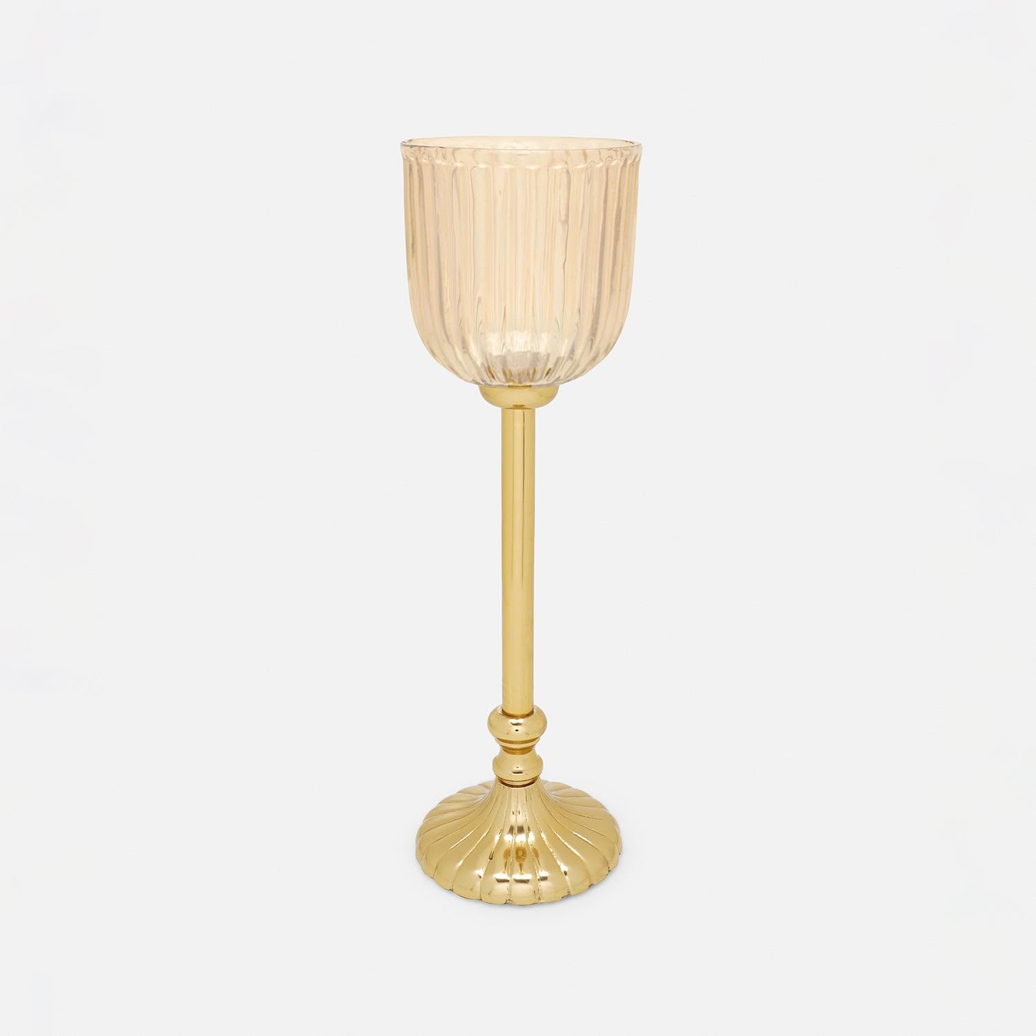 Pure Home + Living | Hurricane | Ribbed Glass | Brown | Small - 8.5 x 8.5 x 26 cm | Glass Hurricane with Metal Stand | Decorative, Home Décor, Candle Holder, Gift | Single