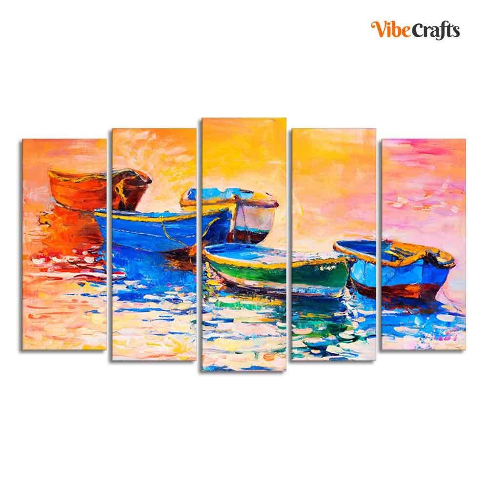 VIBECRAFTS Boats and Sunset Canvas Wall Painting Five Pieces Set of Five For Home|Office|Living Room|Gift (PTVC5Pcs2_6528)
