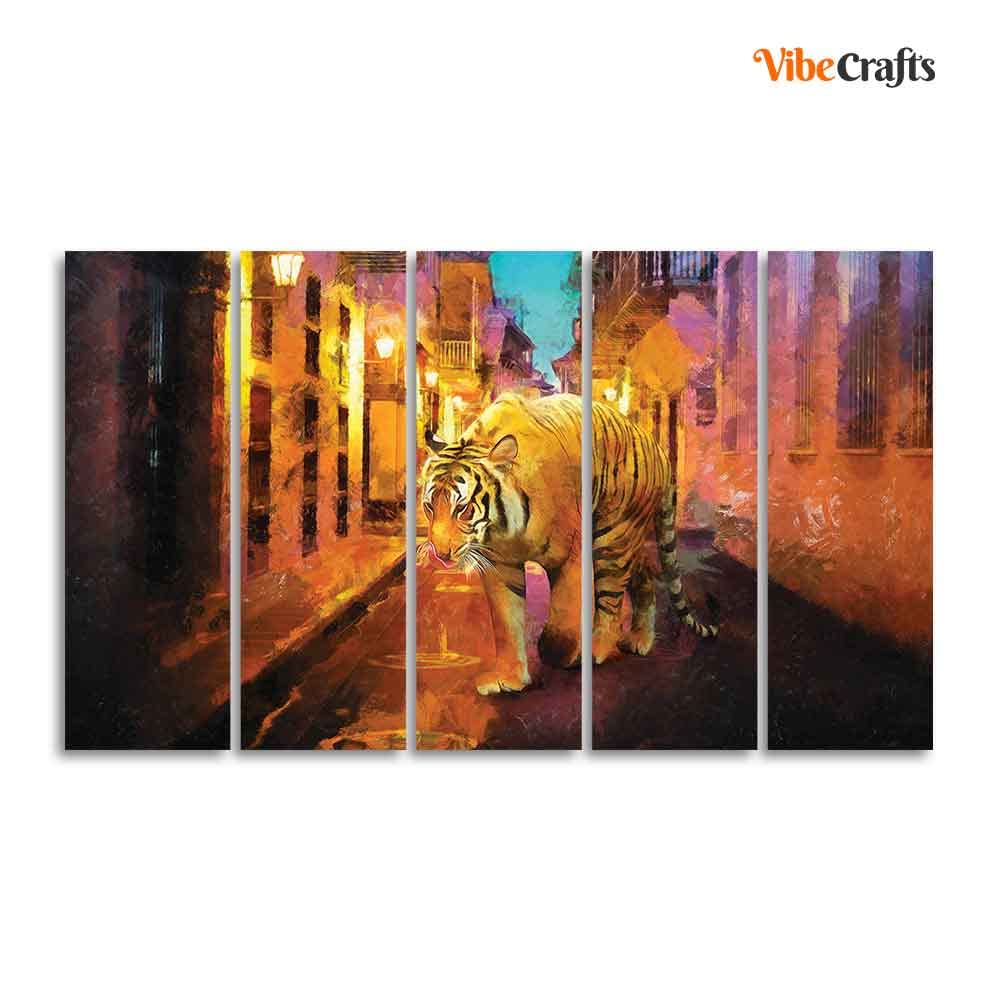 VIBECRAFTS Abstract Art Tiger Walking on Street Five Pieces Canvas Wall Painting For Home|Office|Living Room|Gift (PTVC5Pcs4_8660)