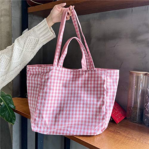 Anjetan Reversible Shoulder Bag Large Capacity Plaid Shoulder Bag Cotton Tote Bag Shopping Tote Bag Plaid Canvas Bag Cotton Tote Bags