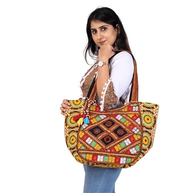 PREET GALLERY Handmade Cotton Patchwork Tote Bag, Multicolour, Double Handle|Women's Shoulder Bag, Pure Cotton Tote Bag, Handmade Patchwork Design (Black Ethnic Multicolor)
