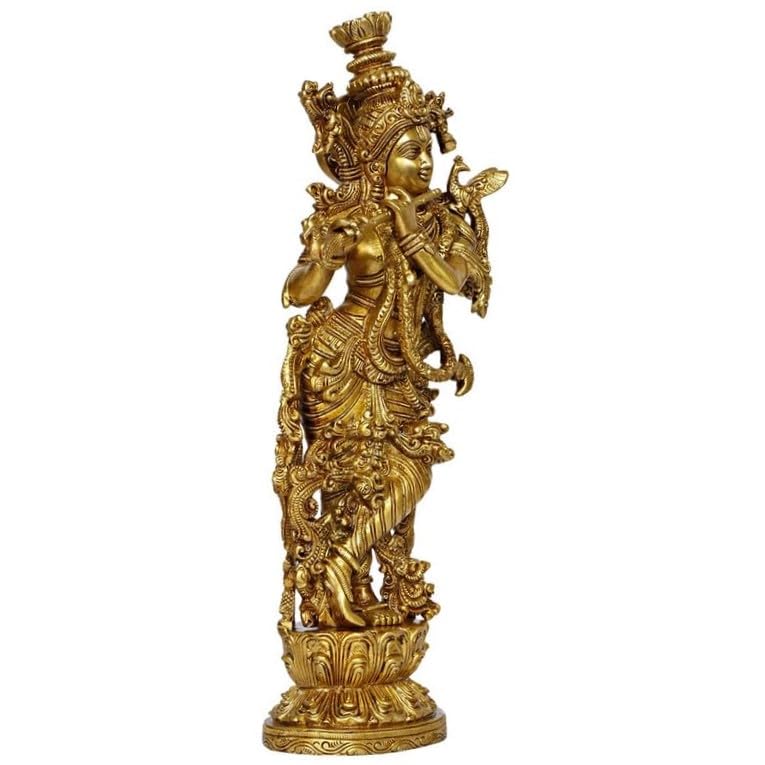 SVARUP Brass Krishna Krishan Murti Idol Statue Sculpture Golden 14 Inches