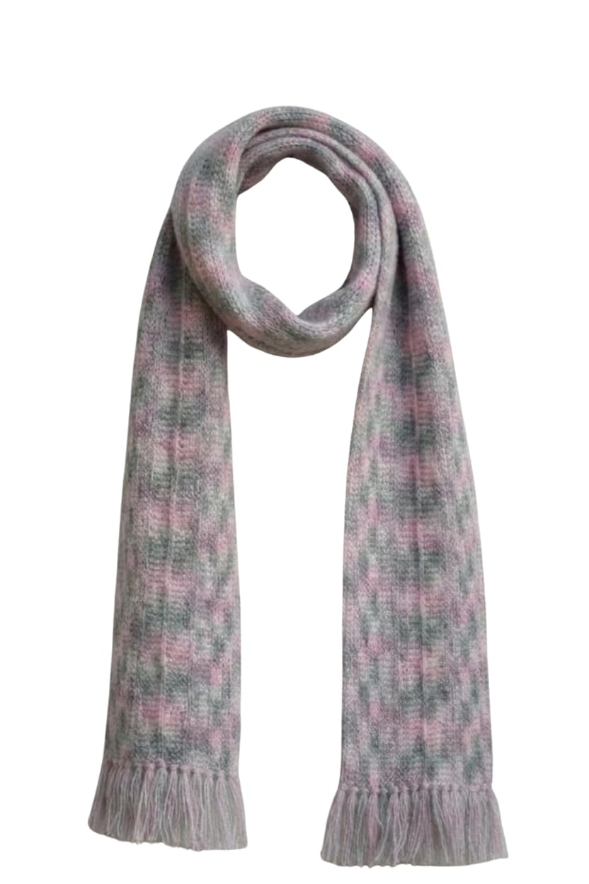 Handcrafted Crochet Winter Muffler for Women | Soft Wool Blend Scarf | Pastel Pink & Grey | Lightweight Warm Stole with Tassels