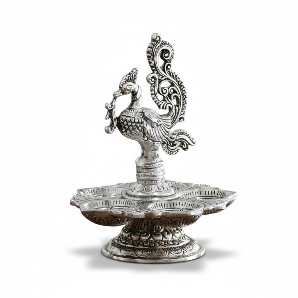 Traditional Silver-Plated Peacock Pooja Thali, 5-Compartment Diya Stand with Ornate Design
