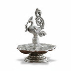 Traditional Silver-Plated Peacock Pooja Thali, 5-Compartment Diya Stand with Ornate Design