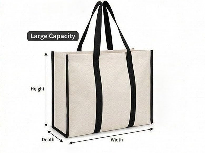 ALPHANITE Cotton Canvas Tote Bag for Women Large Reusable Grocery Bag, Vegetable Shopping Bag Foldable Office Tote Bag Women, College Bag for Girls & Beach Tote Style Bag (1, BEIGE, EXTRA-LARGE)