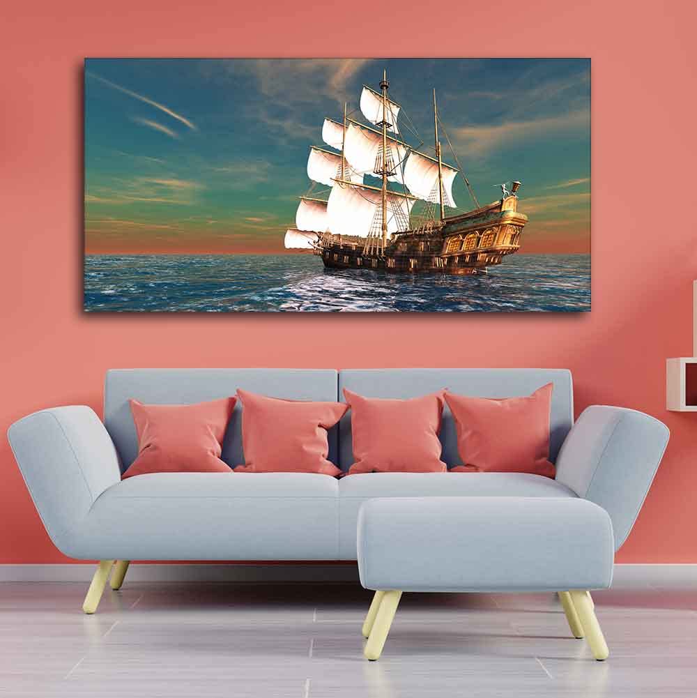 VIBECRAFTS Sailing Ship On the Ocean Canvas Wall Painting With Frame for Living Room Drawing Room Bedroom Home|Office|Gift (PTVCH_2203NN)