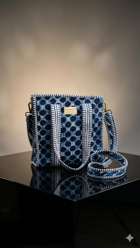 LOOMARTE Quilted Cotton Tote Bag for Women with Shoulder Strap - Blue