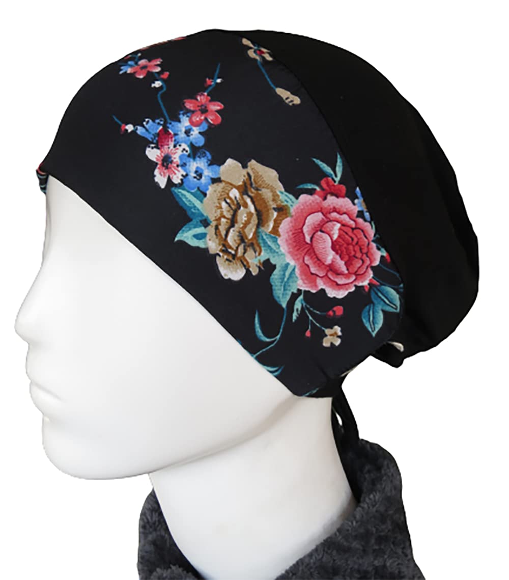 TCP Women’s Premium Printed Under Scarf, Bonette Inner Cap, Headscarves,Hijab - Black Ditsy (Black Pink Floral print)