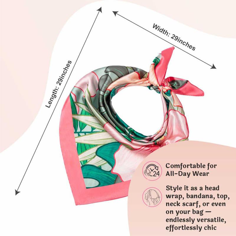 Hair Drama Co. Tropical Flora Print Bandana Head Scarf for Women | Silk Satin Head Wrap Bandana Scarves | Boho Style Statement Headband Stylish Design | All Day Wear Scarves | Hair Scarf Accessories