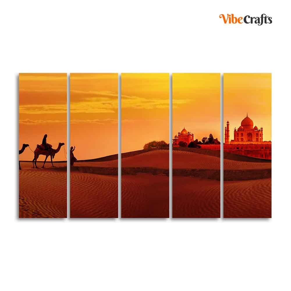 VIBECRAFTS Beautiful Five Pieces Wall Painting of Camel Caravan Heading to Taj Mahal For Home|Office|Living Room|Gift (PTVC5Pcs4_8654)