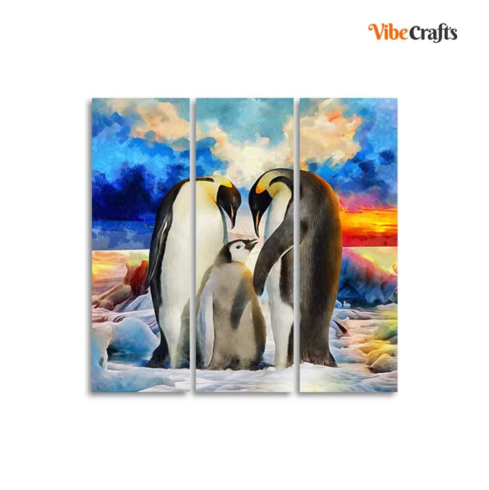 VIBECRAFTS 3 Pieces Animal Of Penguins Canvas Wall Painting Fitted With Wooden Frame For Home | Office | Living Room | Gifts (PTVC3Pcs1_9514)