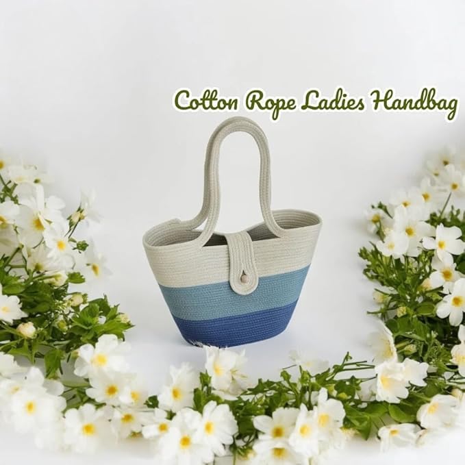 BEAUTIFUL HOMMIES Attractive Hand Bag |large Tote Bag |Summer Bag | Bucket Bag | Basket Bag | Bamboo Tote | Beach Bags for Women|Boho Bag|Handbag |Jute Bag |Handmade Bag (WHITE BLUE NAVY BLUE)