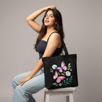 Large Cotton Canvas Tote Bags for Women and Girls with Bottle Holder Black College Tote Bags with Zipper & Inner Pocket Travel Beach Shopping Work Office Daily use Handbags (Floral Butterfly)