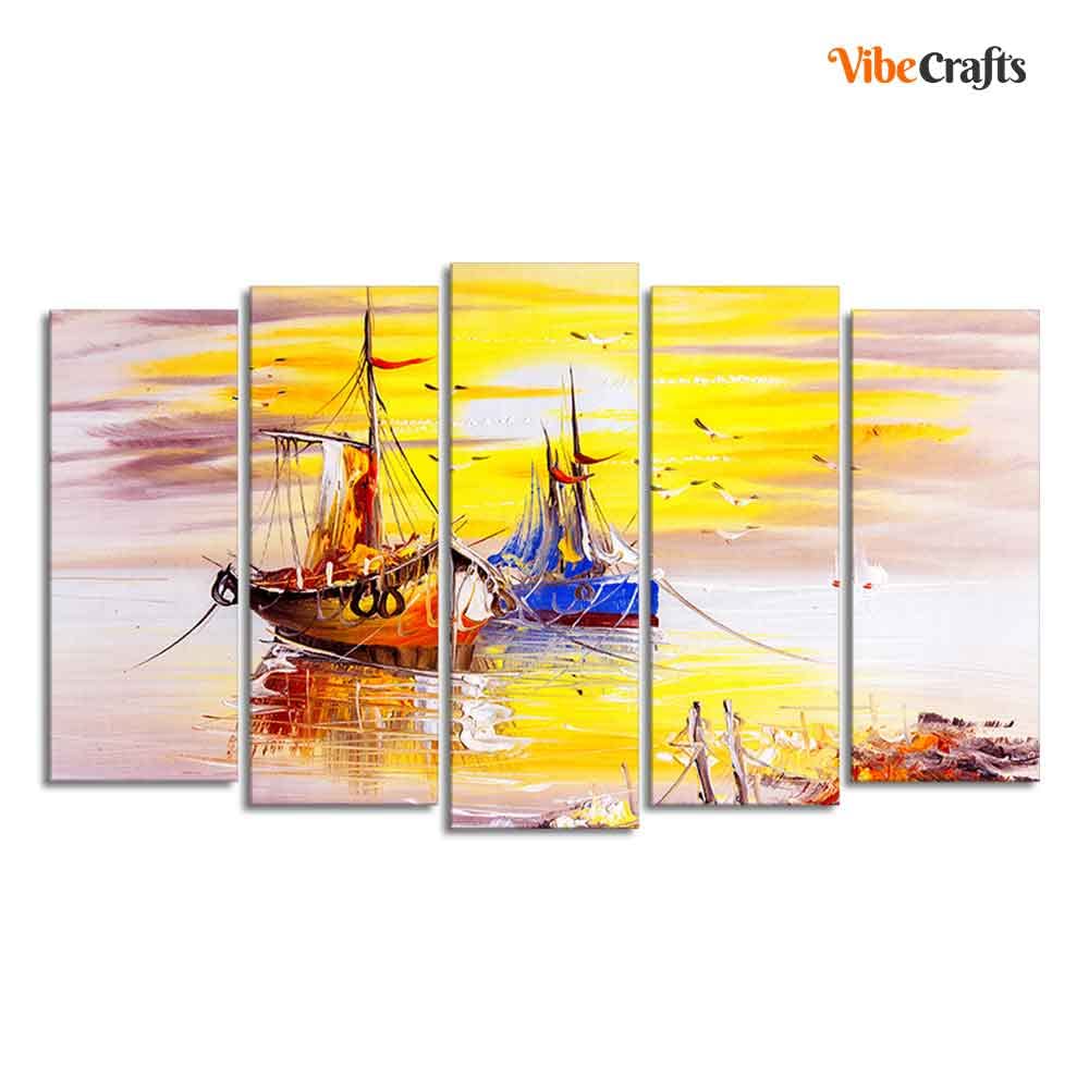 VIBECRAFTS Beautiful Scenery of Sailing Ship on the Ocean Wall Painting Set of Five For Home|Office|Living Room|Gift (PTVC5Pcs2_6521)