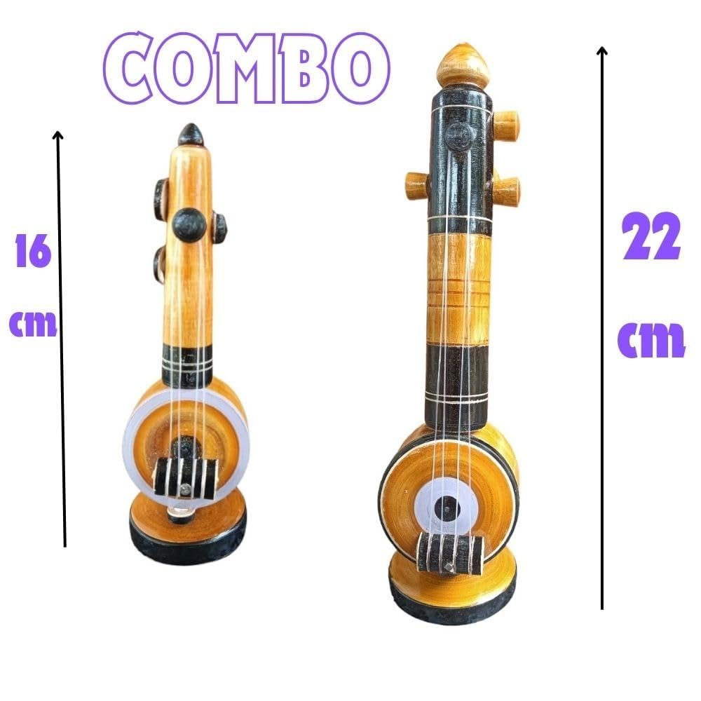 Thiva Handmade Wooden Veena Small and Medium Size Home Decor Gifting Eucalyptus Wooden Veena Musical Instruments Decorative Showpiece (Brown) Combo Pack of 2