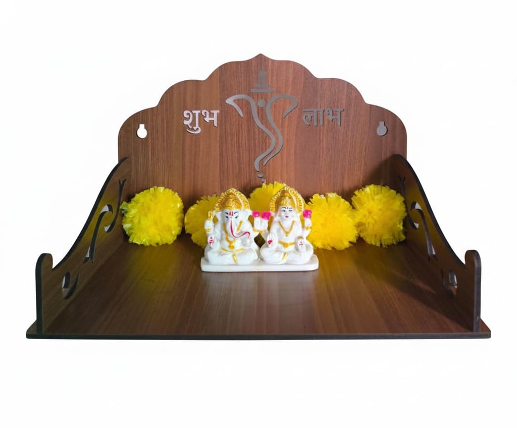Bindian Wooden Home Temple/Mandir for Wall | Shubh Labh Ganesha Motif | Pre-Laminated 4.2mm MDF | Pooja Mandap for Wall Mount & Table Top | Ideal for Small Spaces