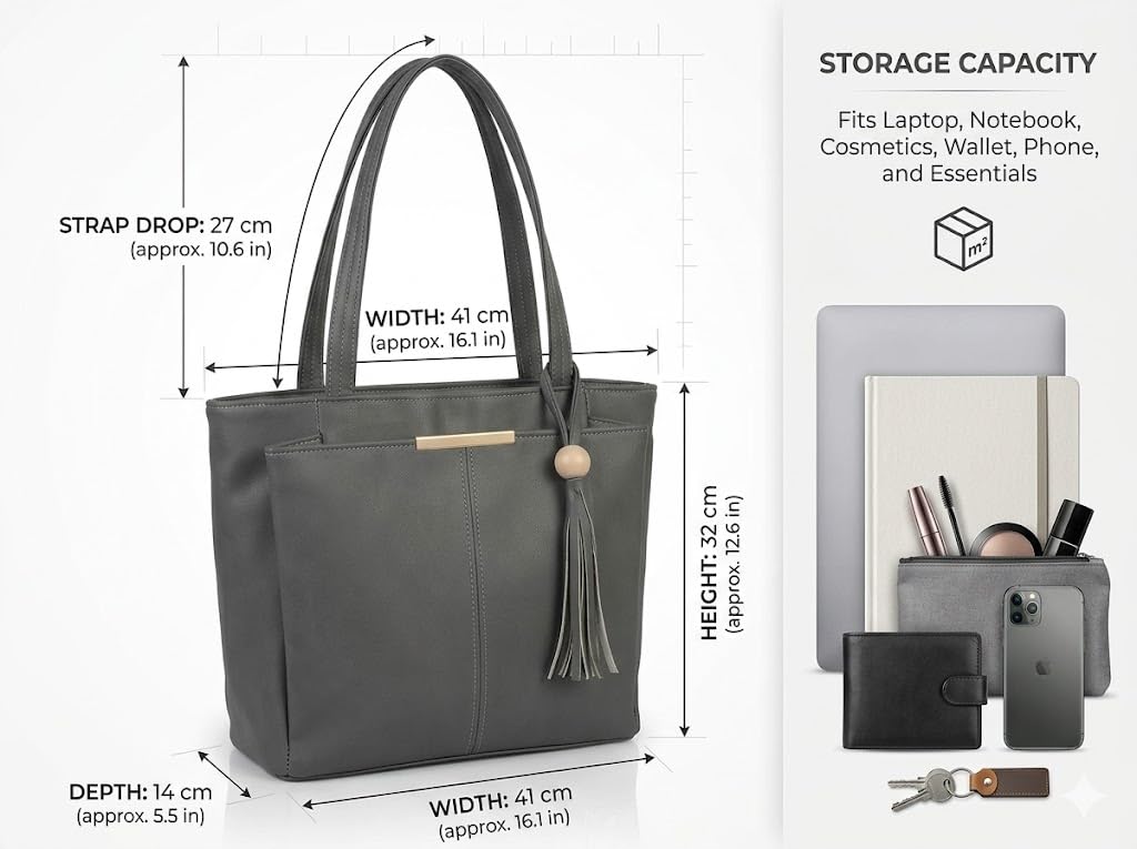 PAVILONN Women Tote Bag Ladies Handbag Shoulder Office Shopping Work Laptop PU Leather Brown Travel College Daily Use Designer Large Stylish Fashion Zipper Commuter Gift (GREY 2)