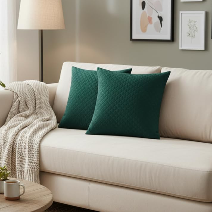 STITCHNEST Quilted Velvet Cushion Covers Set of 2 | Soft Green | 16x16 Inches | Premium Sofa & Living Room Décor