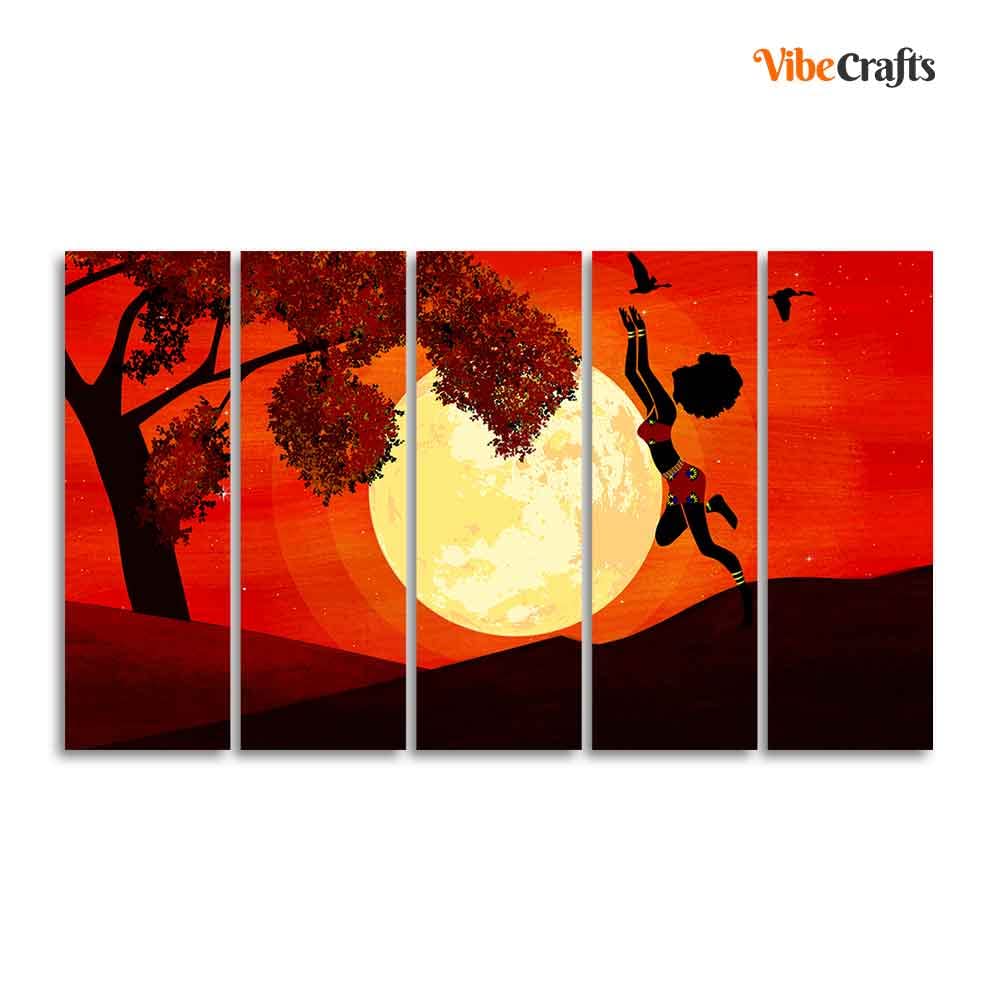 VIBECRAFTS Girl Catching Bird Premium Wall Painting Set of Five Pieces For Home|Office|Living Room|Gift (PTVC5Pcs4_8743)