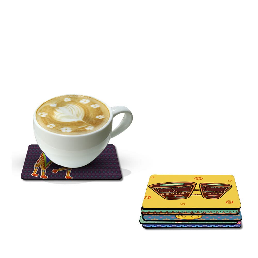 Artvibes Printed MDF Wooden Coasters for Home and Kitchen | Dining Table Decor | Square Coasters | Kitchen Decorative Item | Table Decoration | Home Decor (Set of 6 | 4x4 Inch)(Cultural Art) TC_2002N