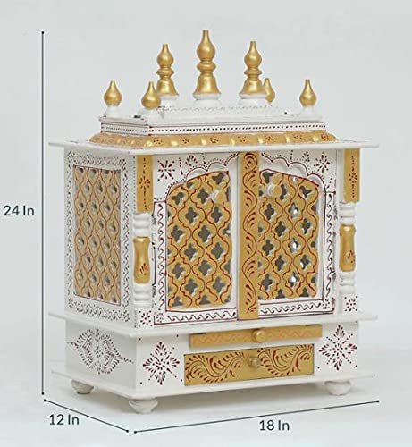 Jodhpur Handicrafts MDF Wood Home Temple Puja Mandir Home Temple Pooja Mandir with Door Pooja Room Stand (18 inch x 12 inch x 24 inch, White & Golden)