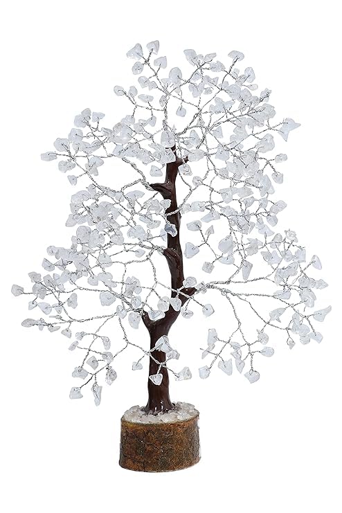 JINALI GEMS ® Clear Quartz Tree - Natural Gemstone Healing Crystal Bonsai Tree of Life- Protection & Aura Cleansing - Size 9-10 inch (Silver Wire - 300 Beads Approx)